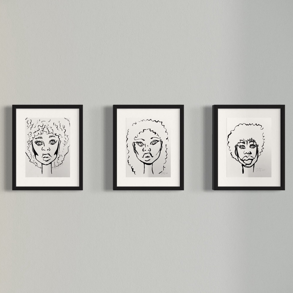 Curl Conscious — Original Ink Portrait Triptych on Paper